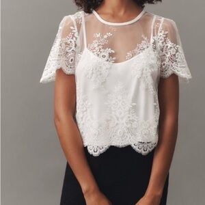 By Anthropologie Short Sleeved Sheer White Lace Blouse